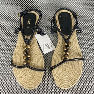 Zara Espadrille Flat Sandals Womens Size 7.5  Beaded Black Ankle Strap